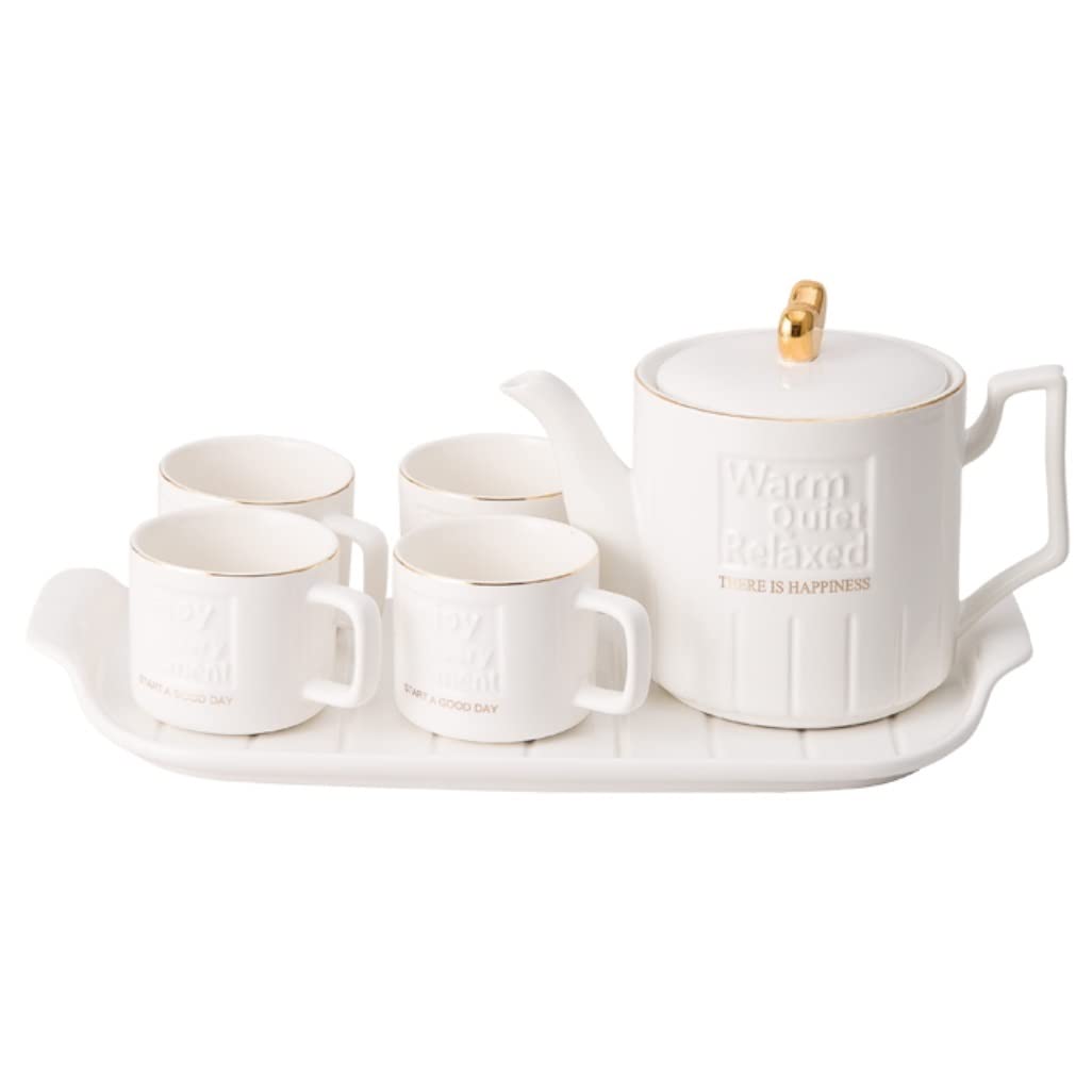 DANNMPX Tea Set 6 Pieces Nordic Style Tea Set Ceramic Drinking Ware Afternoon Cup Kettle With Tray Teacup Teapot And Cups(White)