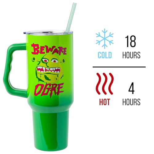 Image of Silver Buffalo Shrek Beware Ogre Double Walled Stainless Steel Tumbler with Handle and Straw, Fits in Standard Cup Holder, 40 Ounces