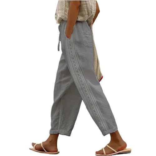Womens Linen Pants with Pockets Soft Comfy Summer Beach Pants Casual Elastic High Waisted Trousers Wide Leg Pants with Drawstring Grey XL