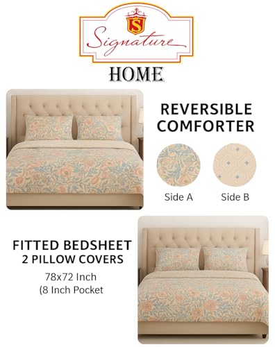 Image of Signature Reversible Super Soft Double Bed Comforter /Quilt Set 350 GSM - 88x90 inches | King Size Fitted Elastic Bed Sheet with 2 Pillow Covers | All-Season Ultra Cozy Bedding Set (Royal Amara)