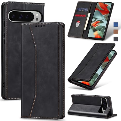 Image of Jasonyu Flip Wallet Case for Google Pixel 9 Pro XL,Leather Magnetic Folio Cover with Card Holder,Kickstand - TPU Shockproof Durable Protective Phone Case,Black