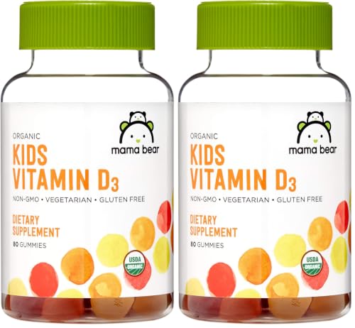 Image of Amazon Brand - Mama Bear Organic Kids Vitamin D3 25 mcg (1000 IU) Gummies per Serving, Bone and Immune Health, Strawberry, 80 Count (Pack of 2)
