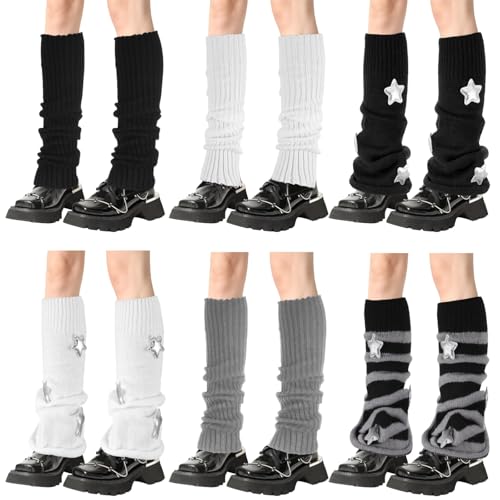 6 Pairs Star Patterned Leg Warmers, Knit Knee-High Socks, Soft Stretchy Acrylic Fiber, Perfect for Chunky Shoes and Daily Outfits, Black, White, Gray, and Striped Styles