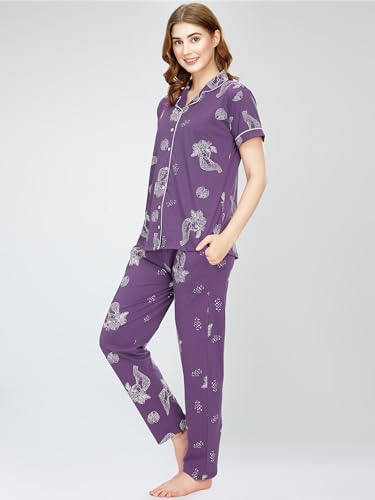 Image of ZEYO Night Suit for Women's Floral & Cheetah Printed Cotton Night Dress of Shirt and Pajama Set 5755
