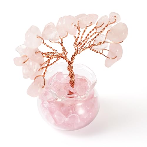 KISSITTY Chakra Crystal Tree Small Natural Rose Quartz Chips Healing Stone Tree Figurine Fairy Garden Landscape Aquarium Feng Shui Decoration for DIY Bonsai Craft Indoor Home Decor