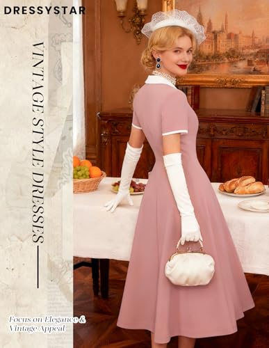 Image of Dressystar Women's 1950s Vintage Swing Dress Short Sleeve V Neck A Line Retro Rockabilly Cocktail Party Dresses With Pockets