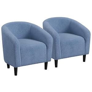 Yaheetech Accent Barrel Chair, Boucle Fabric Club Chair, Furry Sherpa Elegant Armchair with Cozy Soft Padded, Suitable for Living Room Bedroom Reception Room Office, Blue, Set of 2