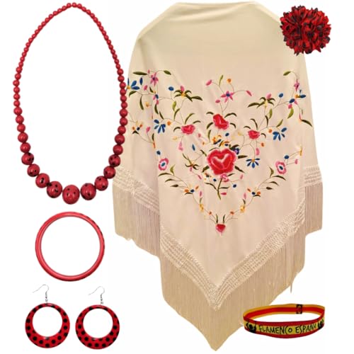 Mantón de Manila con Accesorios (Blanco Perla Flor)