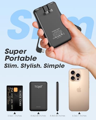 TG90° Portable Charger Power Bank,5000mAh Small Battery Pack with Built-in Foldable AC Wall Plug and Cables, Mini Battery Charger Compatible with iPhone 16 15 14 13 12 Samsung Google iPad etc4