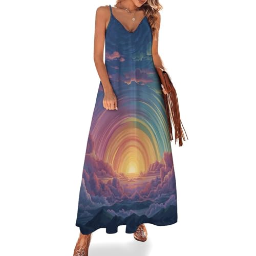 Robe longue bohème chic bleu à imprimé soleil rétro idéal pour la plage