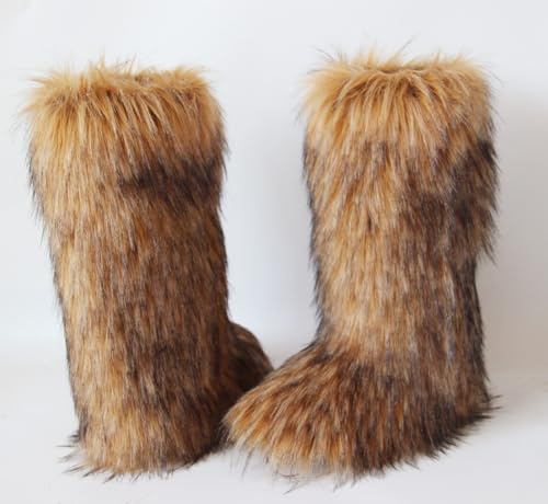 Gegefur Women's Furry Fluffy Boot Faux Fur Long Snow Boot Knee High Boots Warm Comfortable Outdoor Flat Shoes4