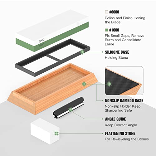 Sharpening Stones For Knives, Knife Sharpening Kit With 1000/6000 2 Side, Wet Stones For Sharpening Knives With Non-Slip Bamboo Base & Angle Guide #TOP1