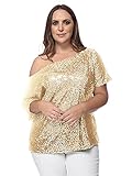 Anna-Kaci Women's Plus Size Sequin Sexy One Shoulder Short Sleeve Holiday Top, Gold, X-Large