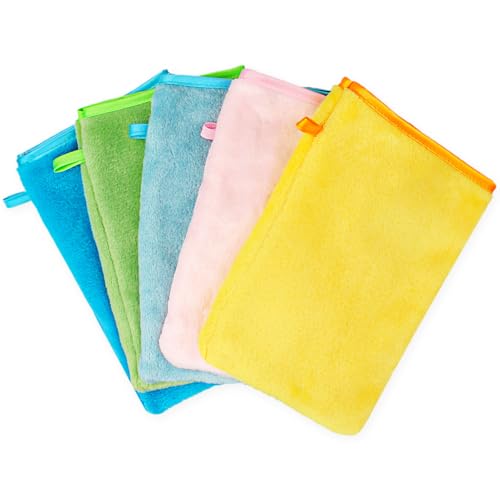 JJPJL 5 Stück Waschlappen Gesicht 15x20cm,Waschlappen Microfaser,Waschhandschuh Kinder,Waschhandschuh Körper,Waschhandschuhe Frottee,with a Lanyard,Flanell,Weich,Starke Wasseraufnahme,5 Farben(Typ 2)