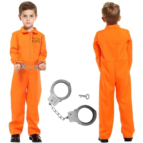 WELLXUNK Costume de Prisonnier pour Enfants, Orange Enfant Deguisement Prisonnier avec Menottes, Orange Prisoner Jumpsuit, Costume de Détenu pour Halloween Carnaval Cosplay