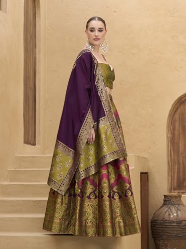 Image of PURVAJA Women's Kanjiwaram Semi-Stitched Lehenga choli