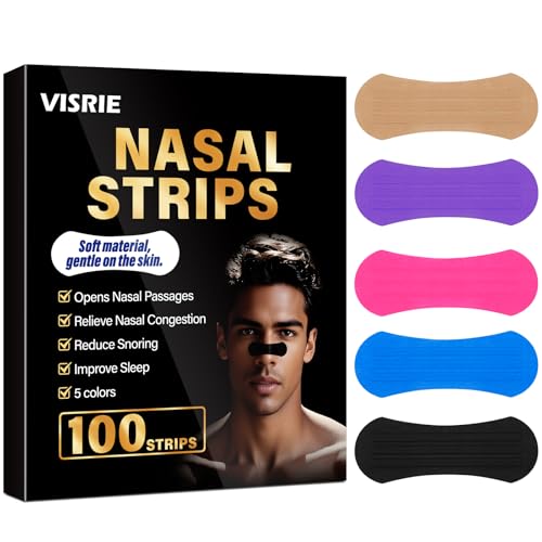 VISRIE 100 Pcs Nasal Strips, Extra Wide Nose Strips for Breathing, Adhesive Strip Oil-Proof Boost Breathing for Sleep, Snoring & Athletic Performance-5 Colors