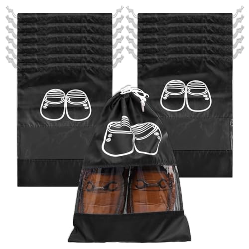 Kuber Industries Shoe Cover | Travel Shoe Storage Bags | Polyester Drawstring Shoe Cover | Clear Transparent Organizer | Pack of 12 | Black
