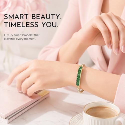 Image of 2-in-1 Crystal-Inlaid Smart Bracelet for Women, Jewelry Fitness Tracker with Heart Rate, Sleep & Cycle Tracking, IP68 Waterproof, Interchangeable Bands (Gold Emerald-1)