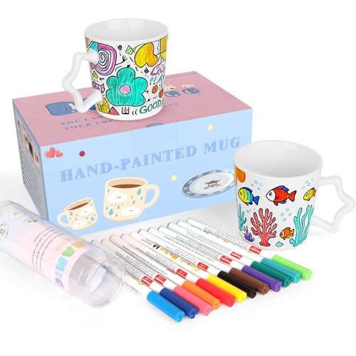 Topspitgo Keramik Bemalen Set Tassen bemalen set für erwachsene diy kreativ zuhause kunstbedarf 2 Tasse with porzellanstifte (12 Farben)