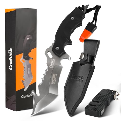 Cozivo Emergency Knife,4.14' Sharp Blade Survival Knife with Leather Sheath,Saw,Survival Whiestle,Knife Sharpener,Glass Breaker for Camping, Hiking, Survival Tactical Men & Women Gift