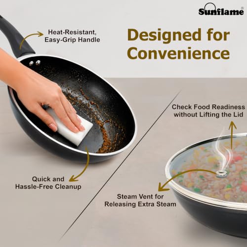 Image of Sunflame Ceramic Non-Stick Fry Pan 24 cm with Glass Lid | No PFOA, PFAS, PTFE | Induction and Gas Stove Compatible | 2 Year Warranty by Sunflame | Requires Less Oil, Easy to Clean, Prevents Burning