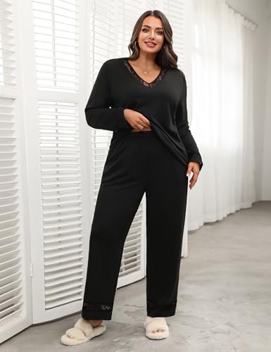 Blooming Jelly Women Plus Size Pajamas Sets Cute Lace Lounge Set Long Sleeve Pj Sets V Neck Loungewear Fall Outfit2