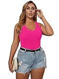 Romwe Women's Plus Size Sleeveless V Neck Ribbed Knit Fitted Vest Crop Tank Top Hot Pink 2XL