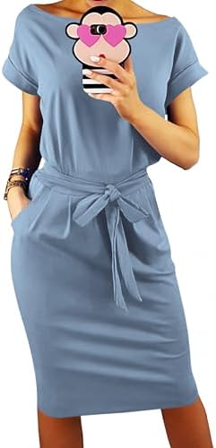 PRETTYGARDEN Women's Summer Short Sleeve Crewneck Striped Dress Basic Solid Tie Waist Office T Shirt Dresses Pockets