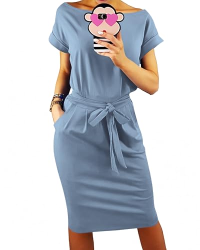 Image of PRETTYGARDEN Women's Summer Short Sleeve Crewneck Striped Dress Basic Solid Tie Waist Office T Shirt Dresses Pockets
