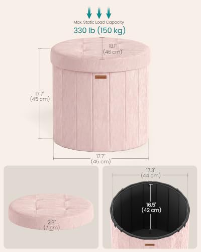 Image of SONGMICS Mazie Collection - Round Storage Ottoman, Folding Footrest Stool with Removable Lid, Easy Assembly, PU Leather Vanity Stool for Bedroom, Living Room, Entryway, Jelly Pink ULSF609SA01