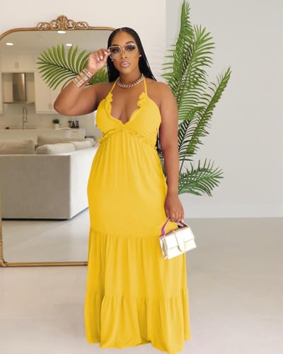 Image of TOPSRANI Womens Sleeveless Maxi Dress Halter Casual Backless Smocked Tiered Ruffle Flowy Sexy Slip Sling Strap Dresses