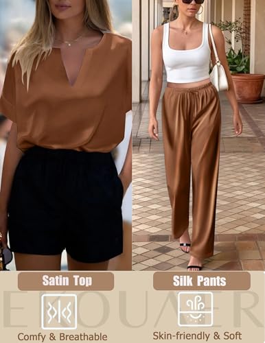 Image of Ekouaer Mens Satin Pajamas Set Button-Down Short /Long Sleeve Shirt Top Soft Silk Sleepwear Loose Pocket Pant Loungewear