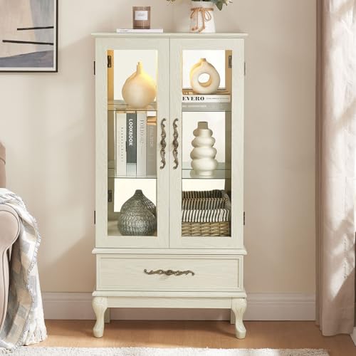 CQSXDA Vintage Lighted Curio Storage Cabinet with 1 Drawer, Mirrored