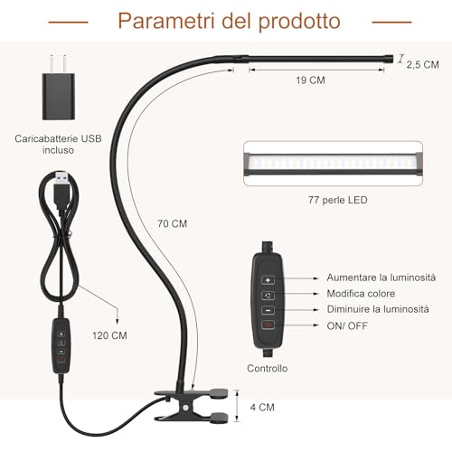 Image of Mojimdo LED Desk Lamp with Clamp, LED Dimmable Reading Lamp with Flexible Gooseneck, 3 Colors & 10 Brightness Clamp Lamp with USB Adapter for Study Reading Workbench Crafting Drafting