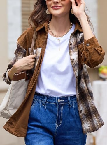 Astylish Women's Color Block Corduroy Shirts Long Sleeve Button Down Boyfriend Blouses Tops4