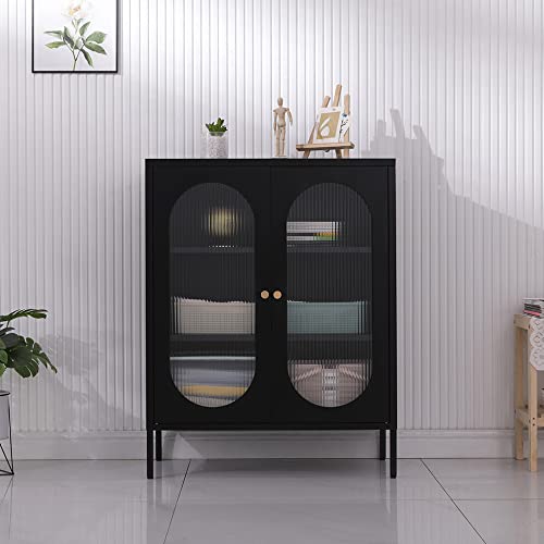Wisuno Metal Storage Accent Cabinet For Living Room,Bedroom,Home,Office,Kitchen,3-Tier,Glass Door,Removable Shelves (2 Glass Door, Black) #TOP1