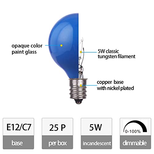 Niosta 25Pack Opaque Blue G40 Replacement Bulb,5W Incandescent Filament And E12 Candelabra Base,Decorative Ceramic Bulb For Patio String Lights #TOP2