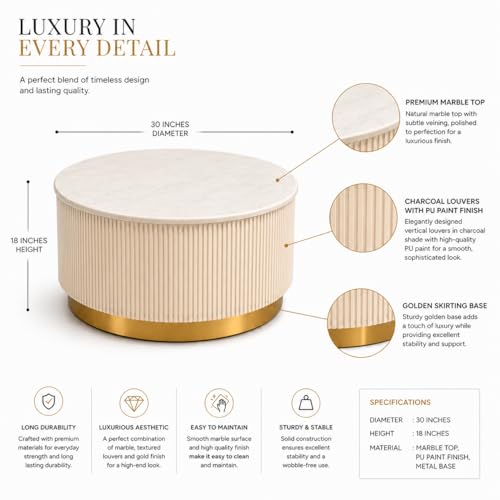 Image of Premium Luxury Marble-Top Wooden Center Table with Louvers & Acrylic Wooden Base | Premium Coffee Table for Living Room & Office (Cream)