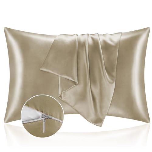 BEDELITE Satin Pillowcase with Zipper 2 Pack, Taupe Pillow Cases Standard Size, Super Soft and Cooling Similar to Silk Pillow Cases, Gift for Women Men(20x26 Inches)