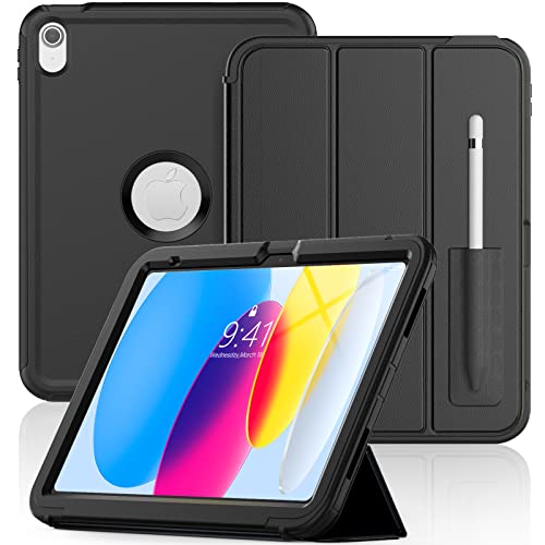 SEYMAC stock Case for iPad 10th Generation 10.9 Inch 2022, Shockproof Magnetic Smart Cover with Pencil Holder & Sturdy Stand, Auto Sleep/Wake -Black