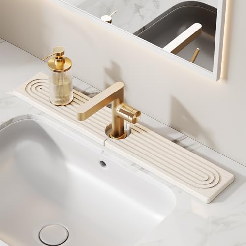23.6 Inch Stone Faucet Mat for Kitchen Sink Splash Guard Diatomite Sink Protectors for Kitchen Sinks Behind Faucet Quick Dry Water Absorbing Stone Tray  Drip Catcher (White 23.6 x 3.9)