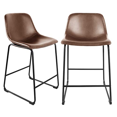 Faux Leather Counter Height Stools Armless Island Chairs Set of 2 with Backs for Home Kitchen Dining Room Bar Coffee Shop, Industrial Vintage Style, Brown