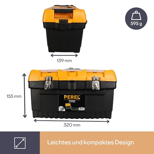 Perel Werkzeugkoffer Kunststoff leer, Werkzeugkasten leer, Werkzeugbox, Werkzeug Organizer Box, Tool Box, 2 Organizer im Deckel, Metallverschluss, schwarz/orange, 320 x 155 x 139 mm