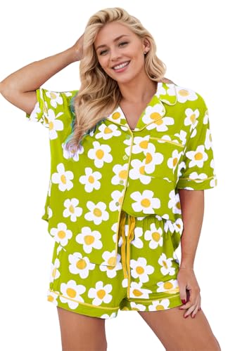 Image of KevaMolly Women Floral Notch Collar 2 Piece Holiday PJ Set | Print Short Sleeve Top, Drawstring Soft Vacation Sleep Shorts