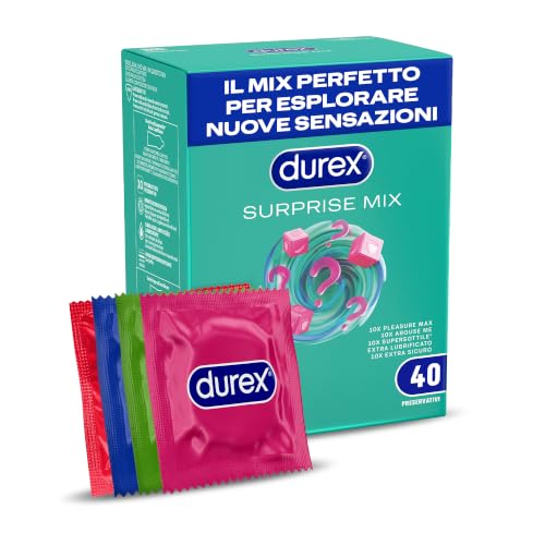 Durex Surprise Mix, Preservativi Assortiti, Profilattici Sottili e con Rilievi e Nervature, 40 Profilattici, Solo Online