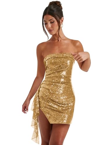 YMeiPaodw Short Sequin Gold Homecoming Dresses with Slit Sparkly Ruffle Bodycon Prom Dress Mini Cocktail Party Gown Size 4