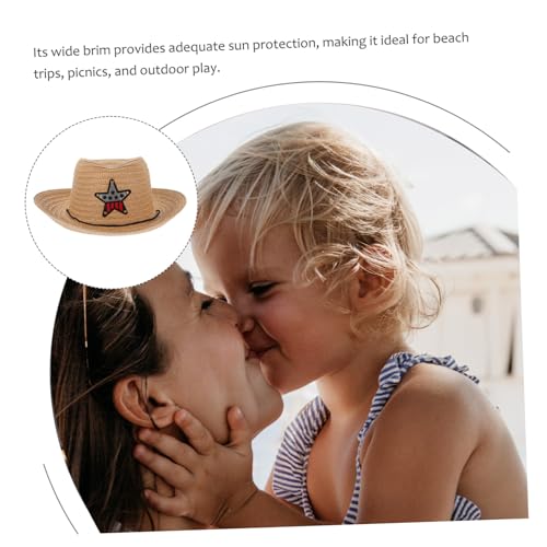 Beaupretty Children's Straw Cowboy Hat for Boys and Girls UV Protection Wide Brim Beach Hat Outdoor Activities Khaki4