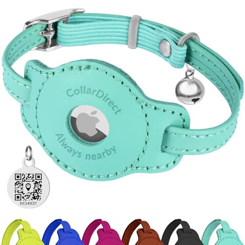 CollarDirect Airtag Cat Colar with QR Tag and Bell - Leather Cat Collar with Airtag Holder and Elastic Strap for Kittens, Small Large Cats - Collar for Girl Boy Cats (Mint Green, Neck Size 8