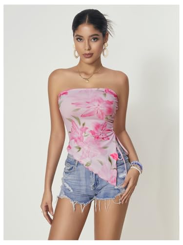 WDIRARA Women's Floral Mesh Strapless Side Ruched Tube Top Asymmetrical Hem Bandeau Crop Tops2